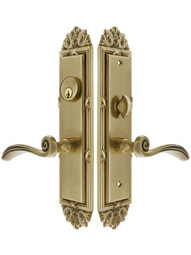 Regency F20 Function Mortise Lock Entryset in Antique Brass with Left Hand Elan Levers, and Stop/Release Buttons.
